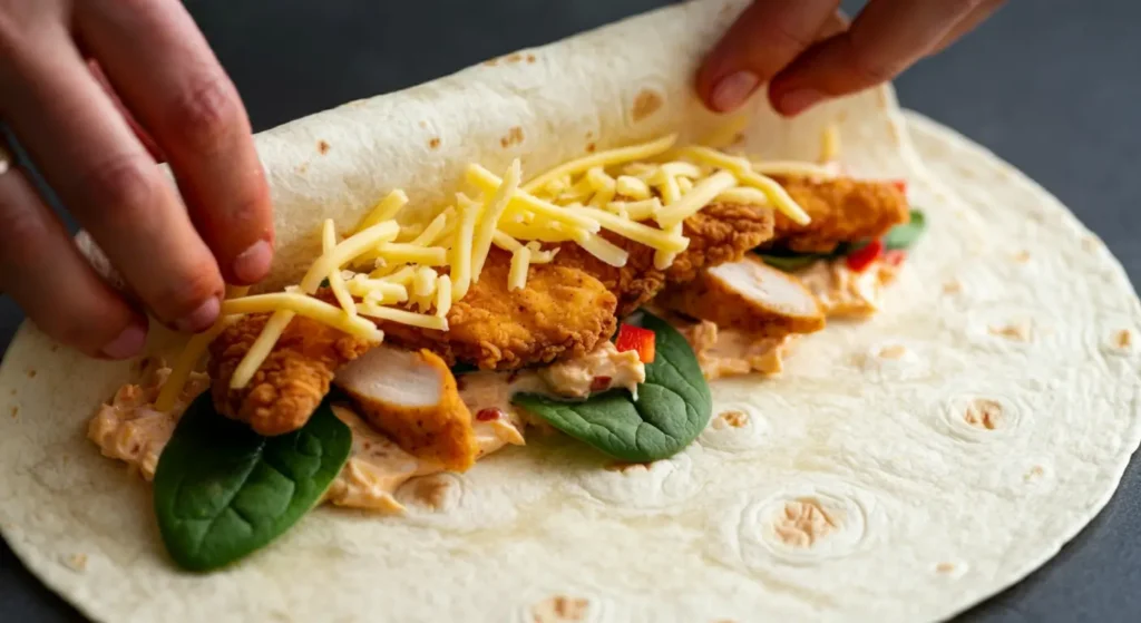 Assembling cheesy garlic chicken wrap