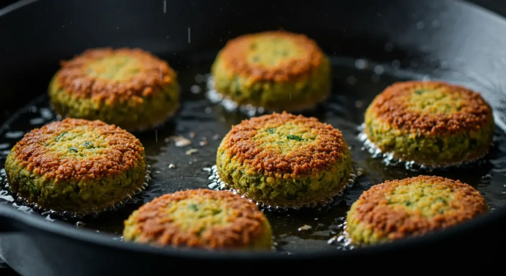 Cooking lupin falafels in pan