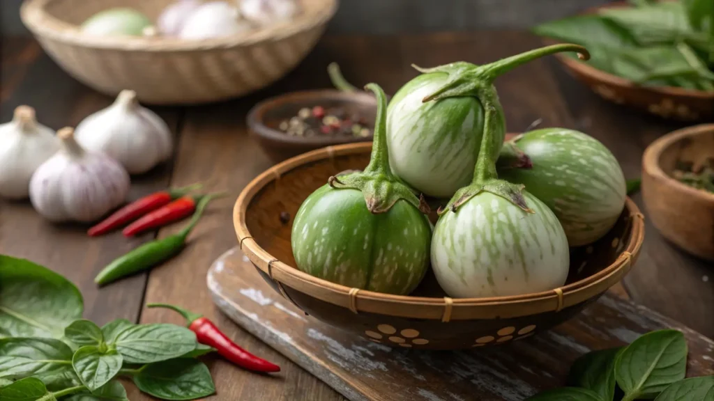 Fresh Thai aubergines on a table