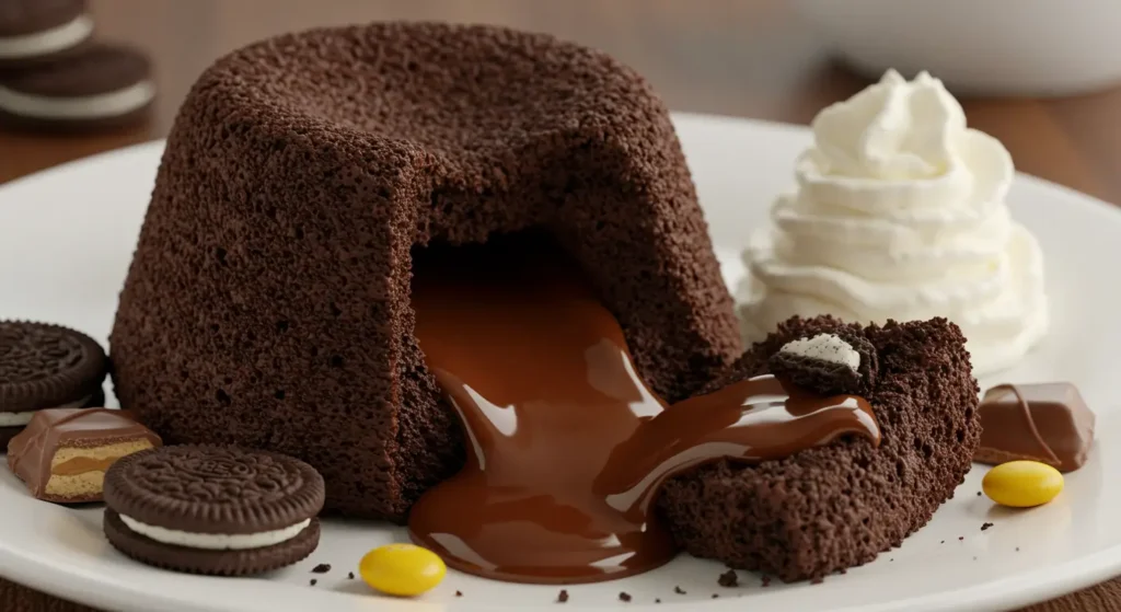 Molten Oreo lava cake with chocolate spilling out