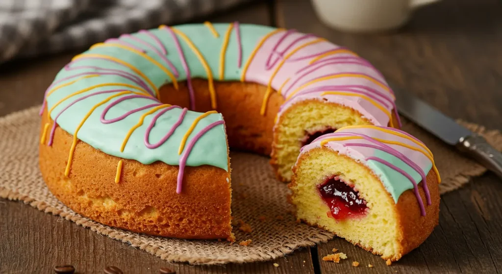 Ring-shaped pastry with frosting and jelly filling