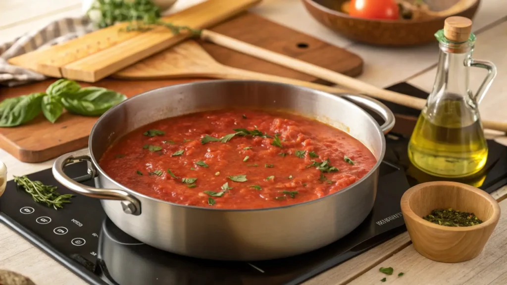 Simmering pizza sauce