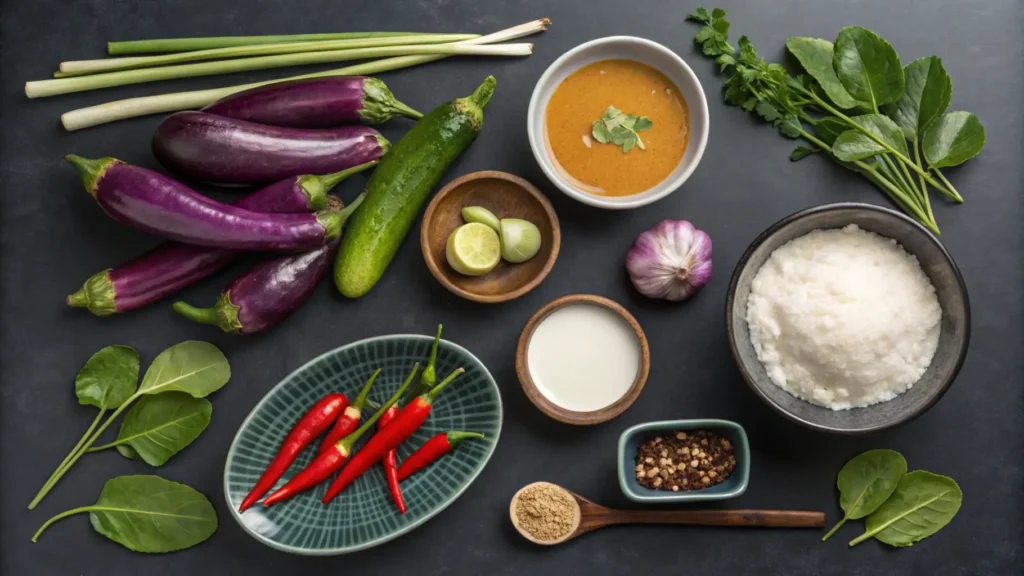 Thai aubergine recipe ingredients.