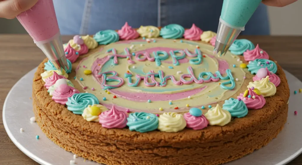 Decorating cookie cake with frosting