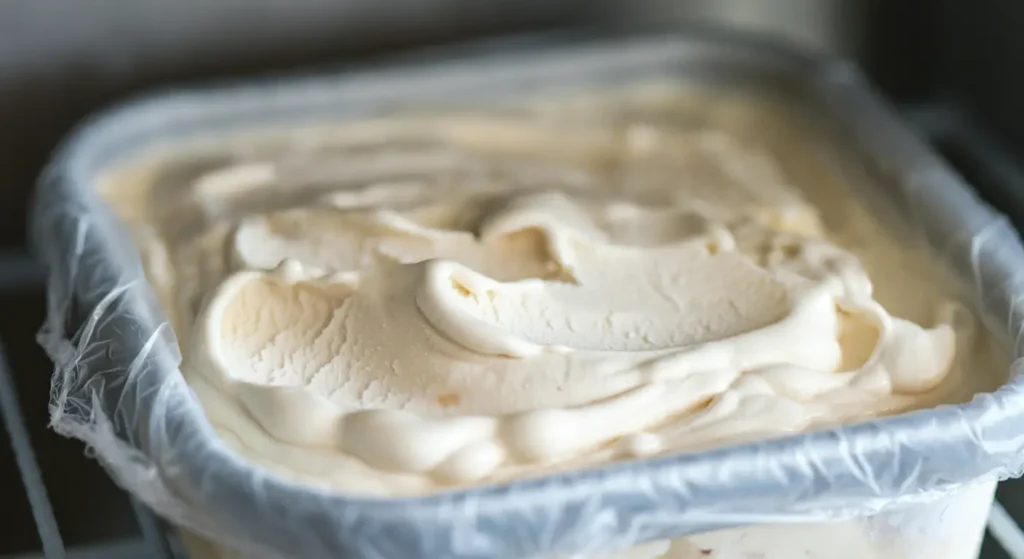 Storing banana cream cheese frozen yogurt in freezer with plastic wrap