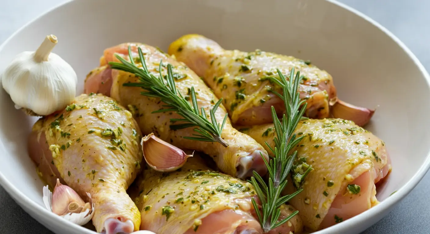 Raw chicken marinating with garlic, lemon, and herbs