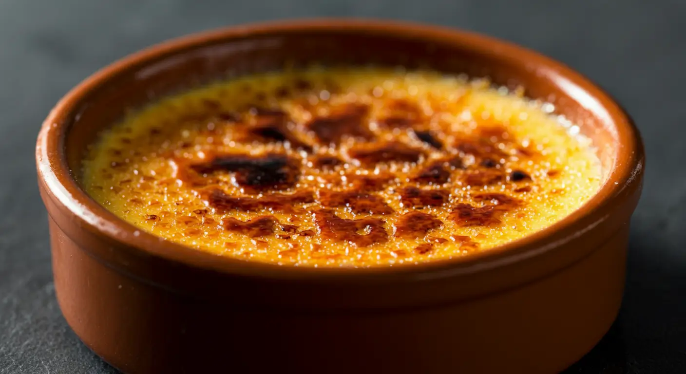 Smooth crème brûlée with a golden caramelized crust in a ramekin