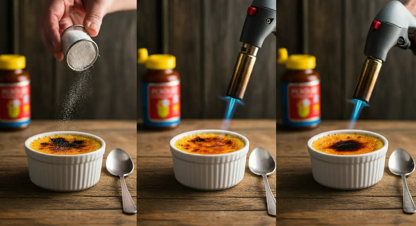 Step-by-step process of caramelizing sugar on crème brûlée with a blowtorch