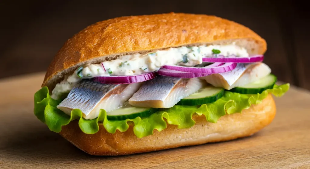 Matjesbrötchen sandwich with pickled herring, onions, lettuce, and remoulade sauce inside a soft bread roll.