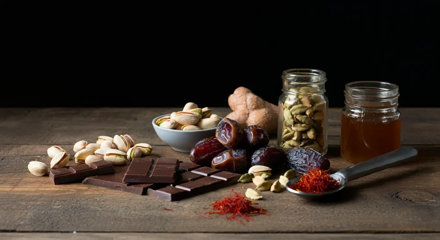 Close-up of ingredients for Dubai chocolate bar: dates, pistachios, saffron, cardamom, and dark chocolate