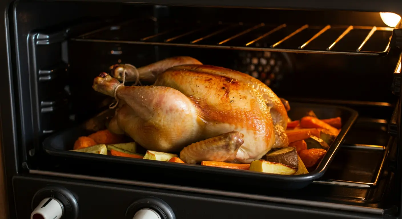 Roasted chicken with crispy skin and vegetables