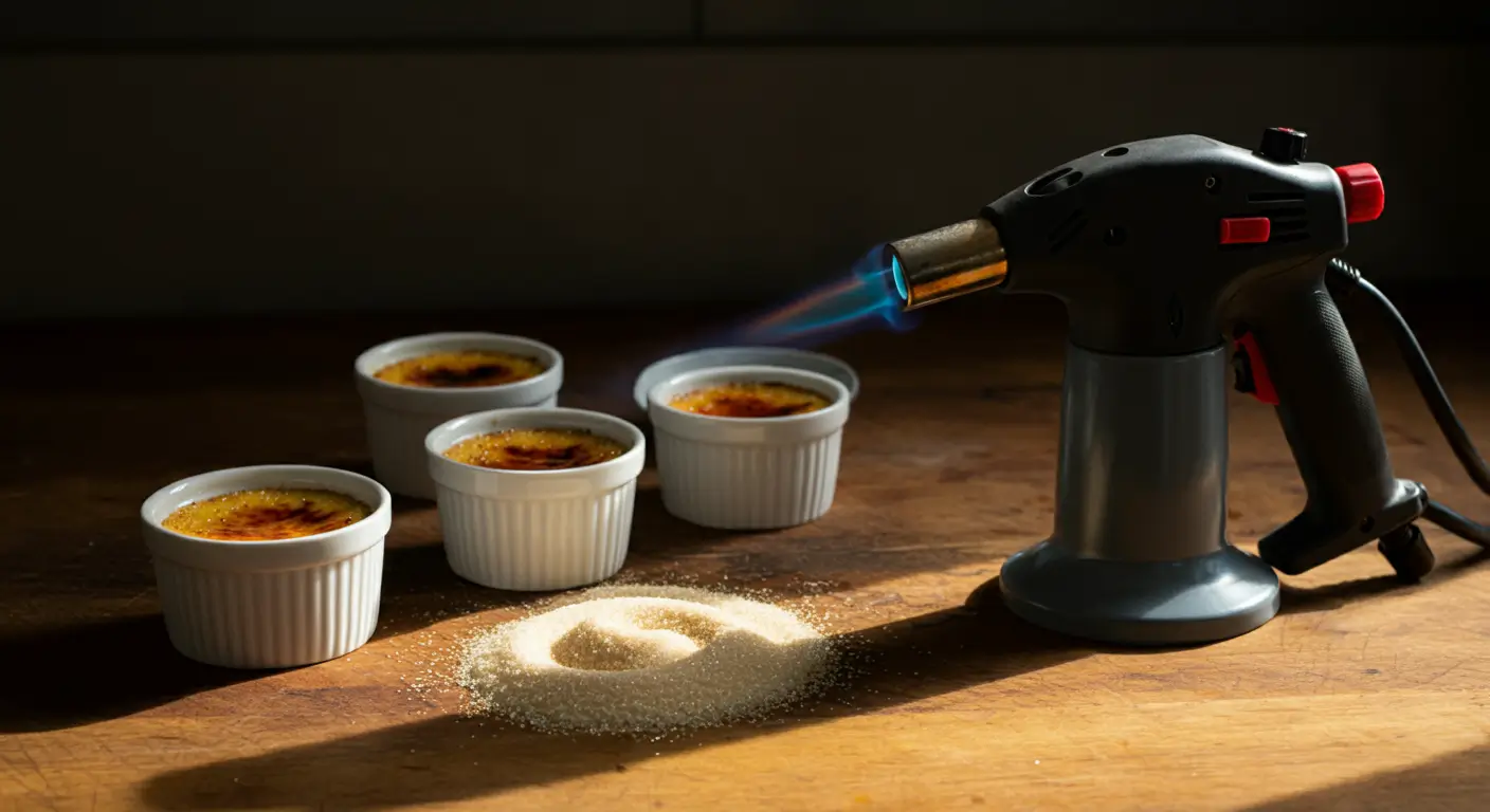 Essential tools for caramelizing: torch, ramekins, sugar