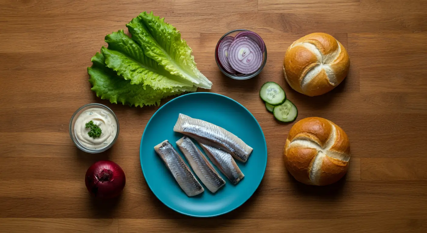 Ingredients for Matjesbrötchen: Matjes herring, lettuce, red onions, cucumber, bread roll, and remoulade sauce.