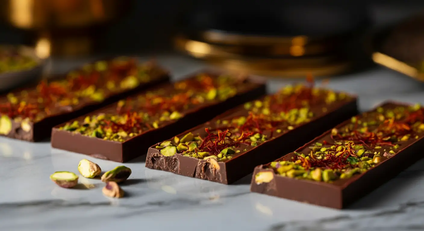 Homemade Dubai chocolate bars topped with pistachios and saffron