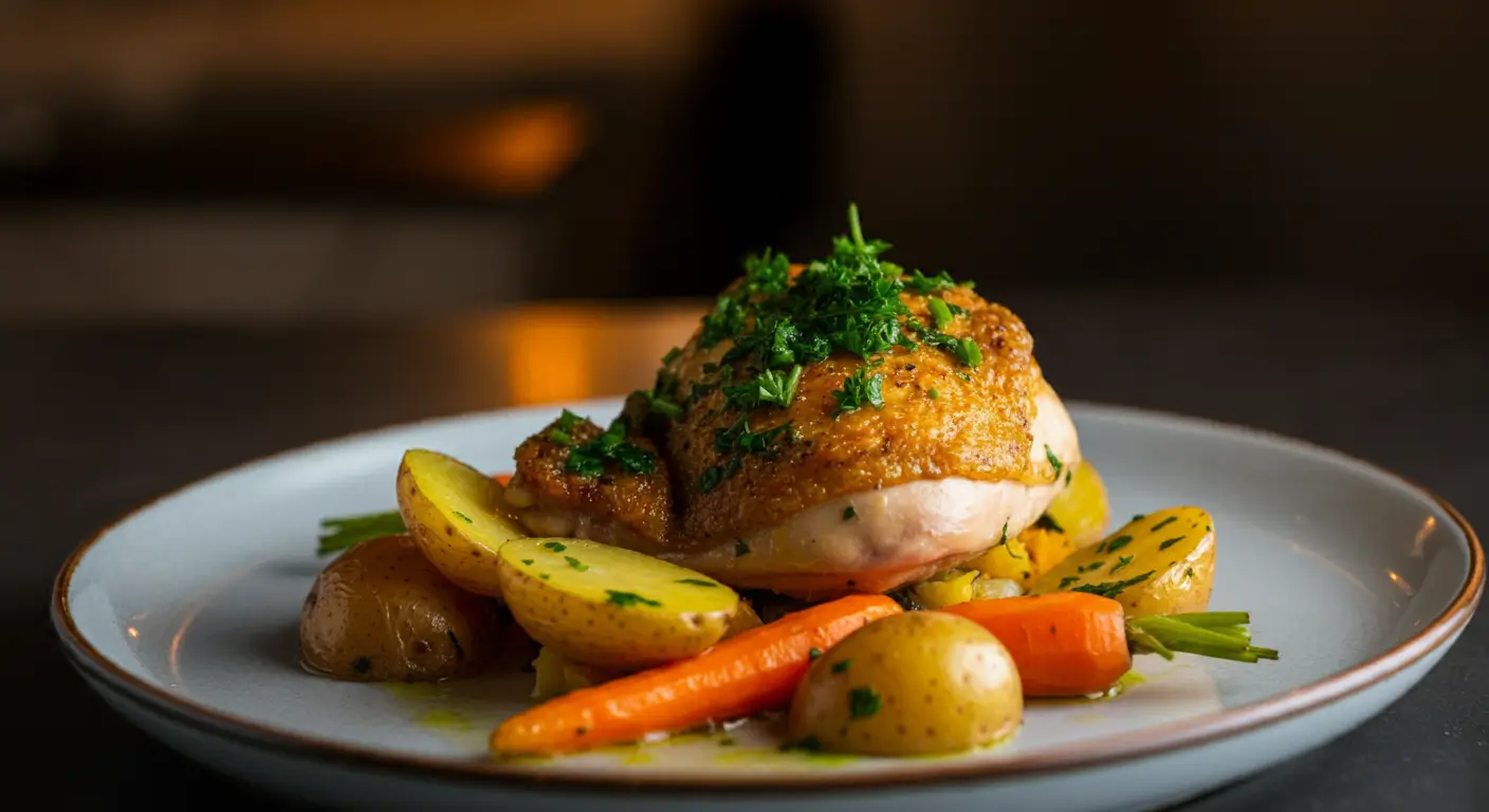 Plated Galena chicken with vegetables and parsley garnish