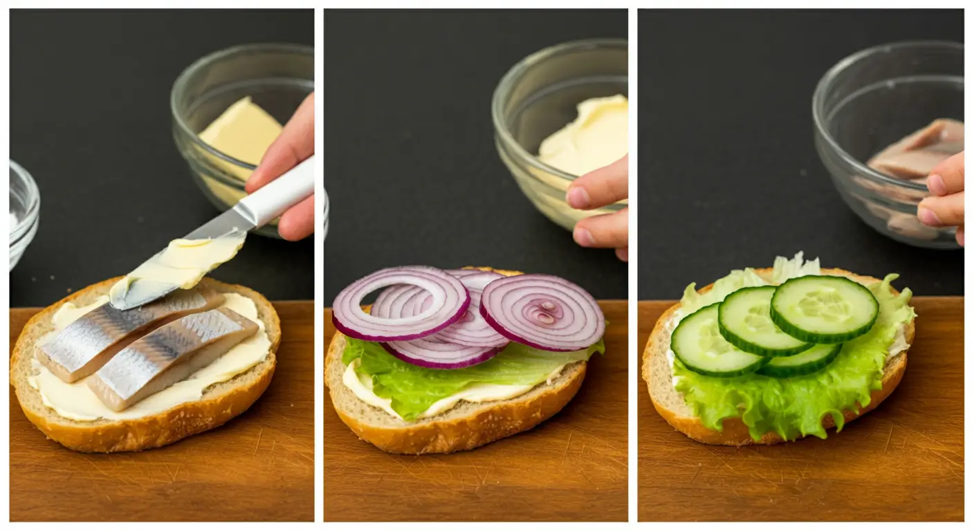 Step-by-step process of preparing Matjesbrötchen: spreading butter, adding Matjes herring, onions, lettuce, and cucumber.