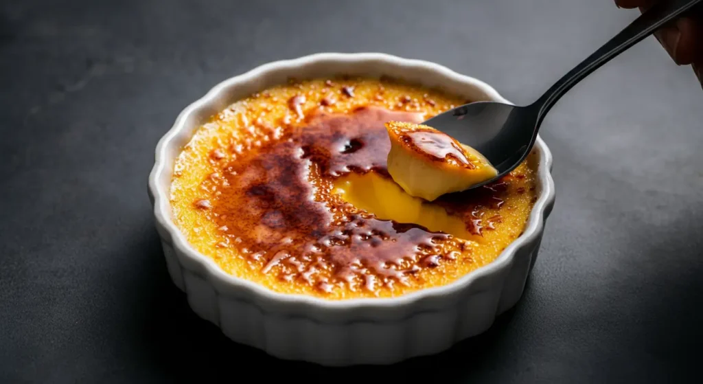 Close-up of caramelized crème brûlée with golden sugar crust and creamy custard