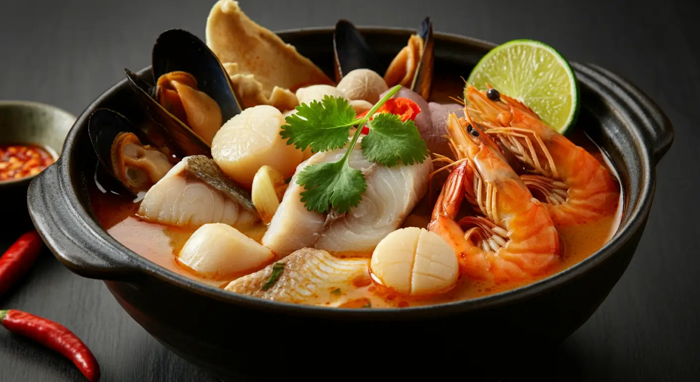 Steaming hot and sour seafood soup with shrimp, fish, scallops, and fresh herbs.