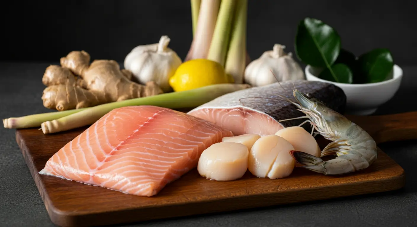 Fresh seafood ingredients for hot and sour soup, including shrimp, scallops, and fish fillets.