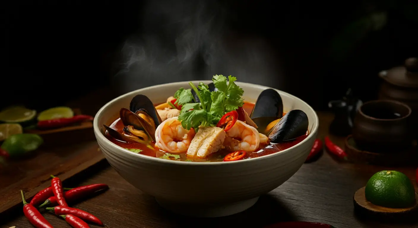 Hot and sour seafood soup garnished with cilantro, lime, and chili peppers.