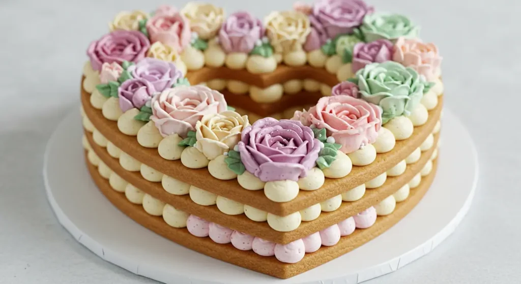 layered heart cake decorated