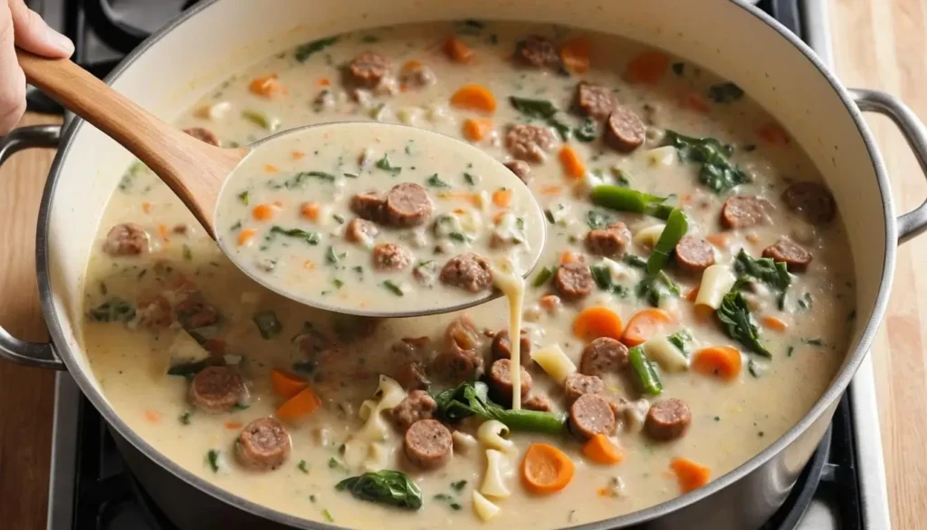 Stirring italian sausage soup on stove