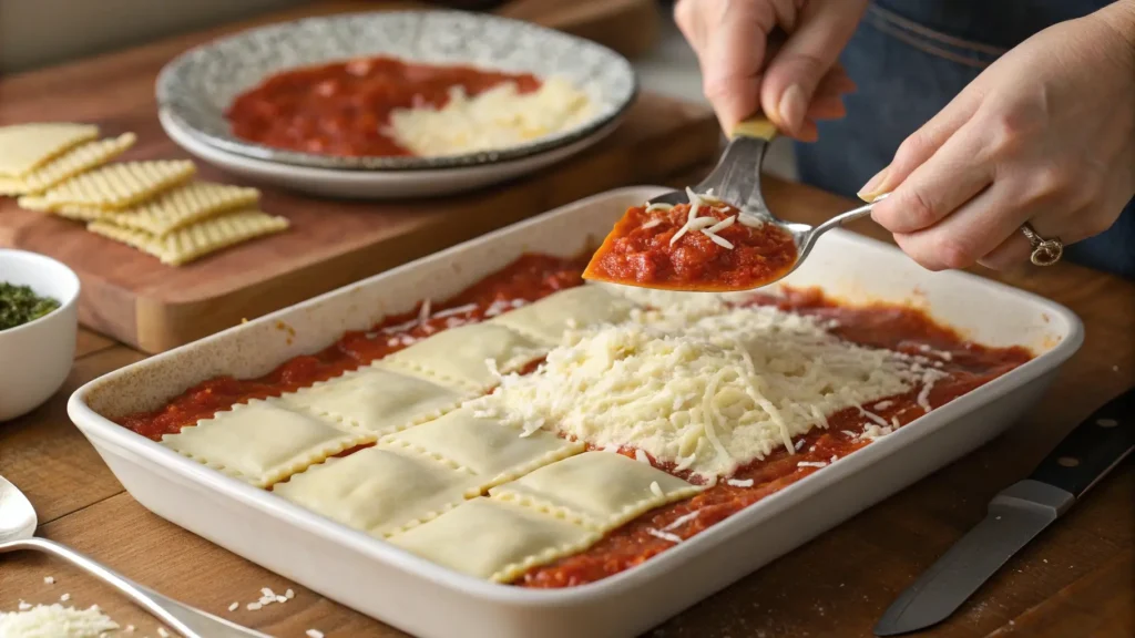 Assembling ravioli casserole