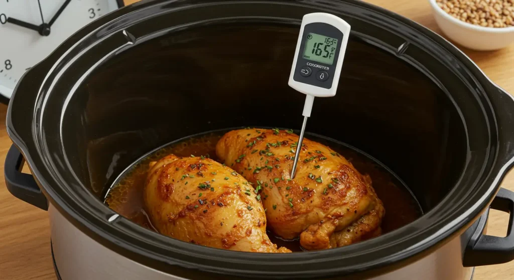 Checking chicken temperature in crockpot