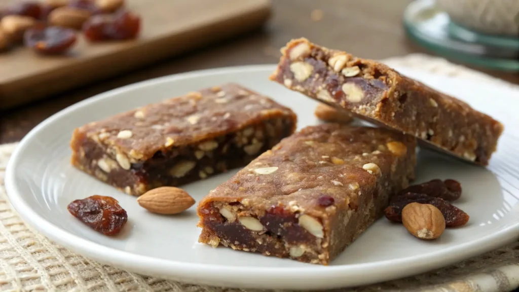 Chilled date and nut energy bars sliced and served