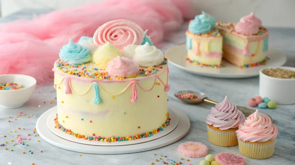 Cotton candy garnish on cake