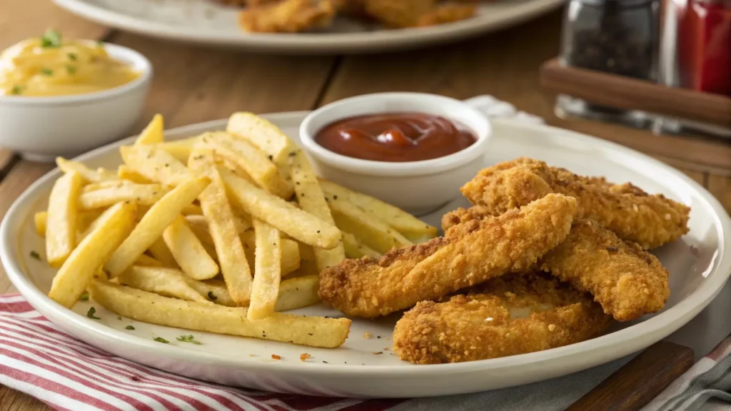 Crispy chicken tenders and fries