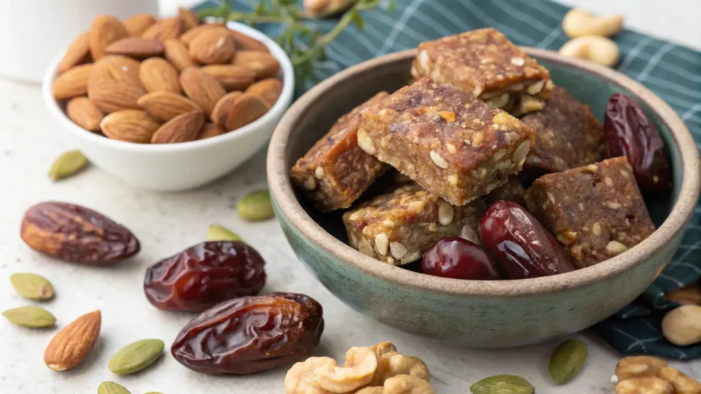 Date and nut energy bars in a bowl