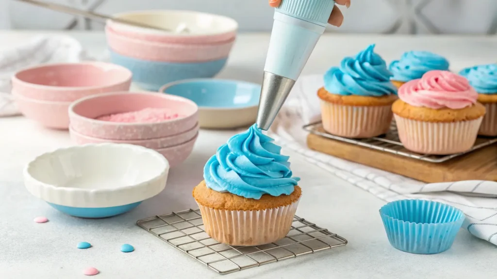 Filling gender reveal cupcakes