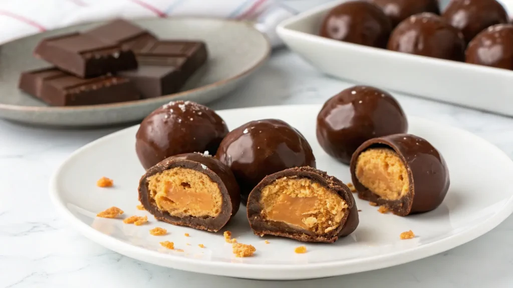 Finished Butterfinger balls coated in chocolate and arranged on a plate.