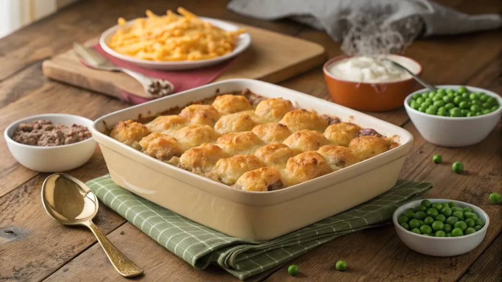 Freshly baked hotdish on wooden table