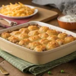 Freshly baked hotdish on wooden table