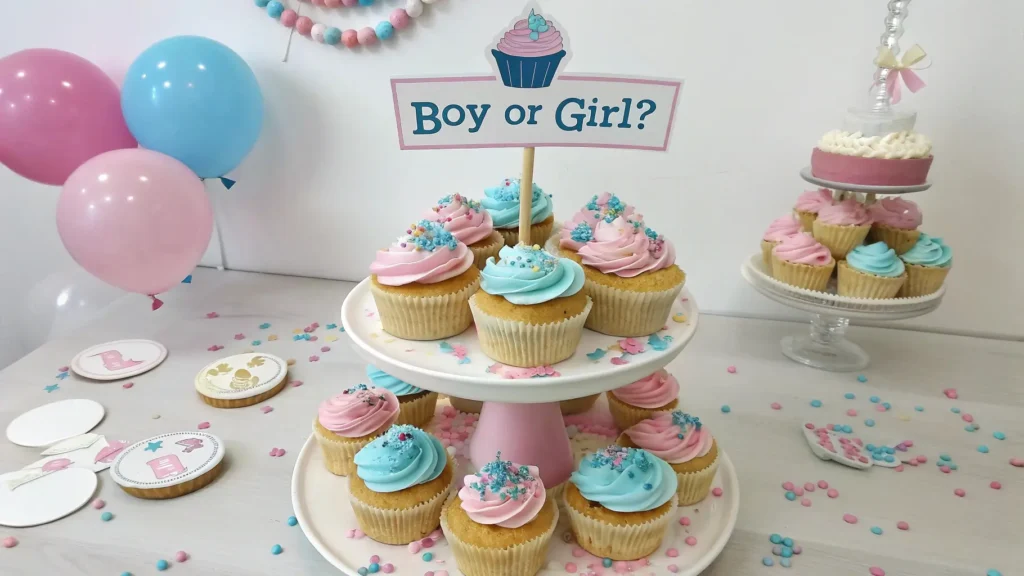 Gender reveal cupcake display