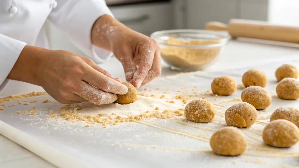 Hands rolling Butterfinger balls into bite-sized portions.