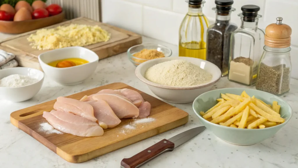 Ingredients for chicken tenders and fries