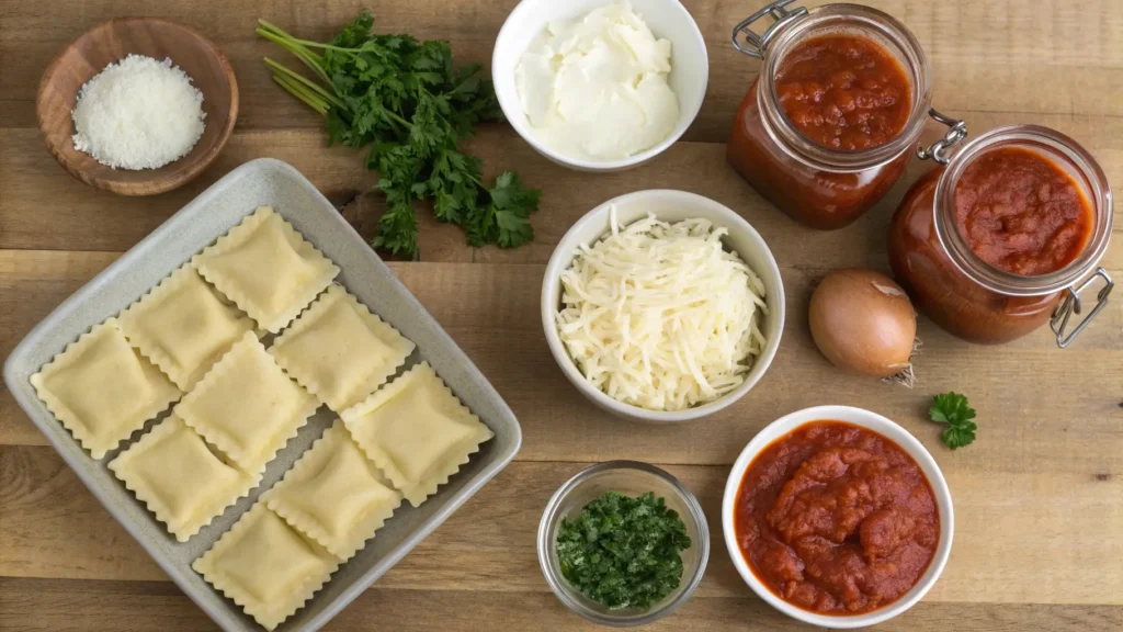 Ingredients for ravioli casserole