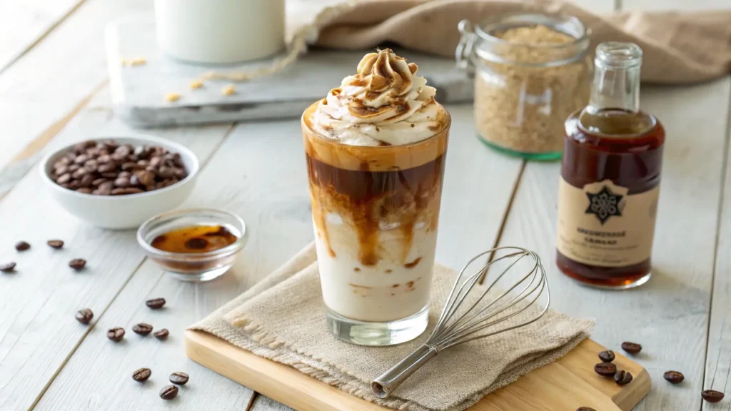 Layered whipped maple iced coffee drink