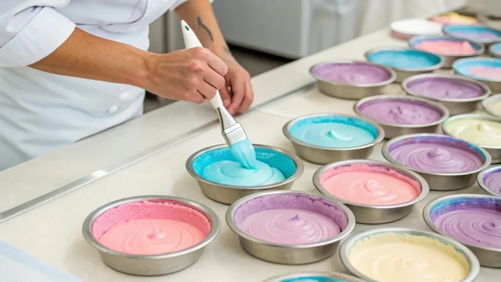 Mixing colorful cotton candy cake batter