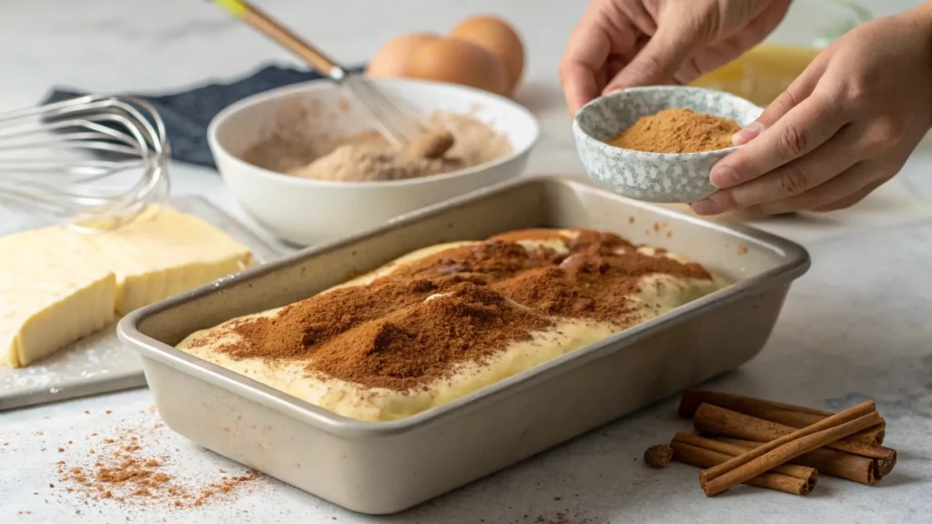 Preparing bread pudding for baking