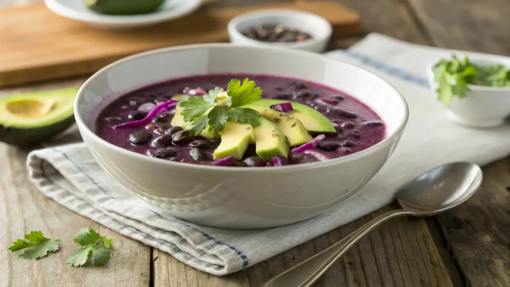 Purple black bean soup in a bowl