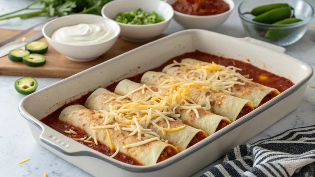 Rolled enchiladas in a baking dish