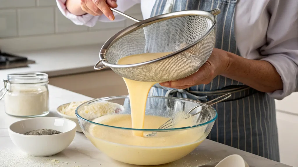 Straining custard through sieve