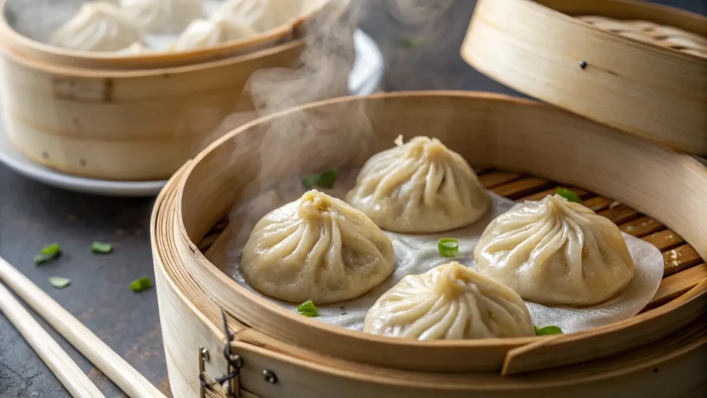 Vegan soup dumplings served in a bamboo steamer