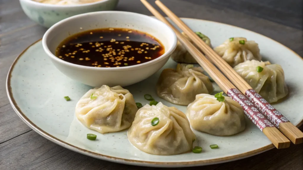 Assembling vegan soup dumplings with filling.