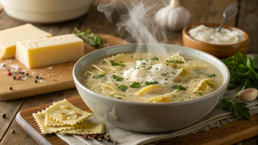 bowl of creamy Alfredo lasagna soup