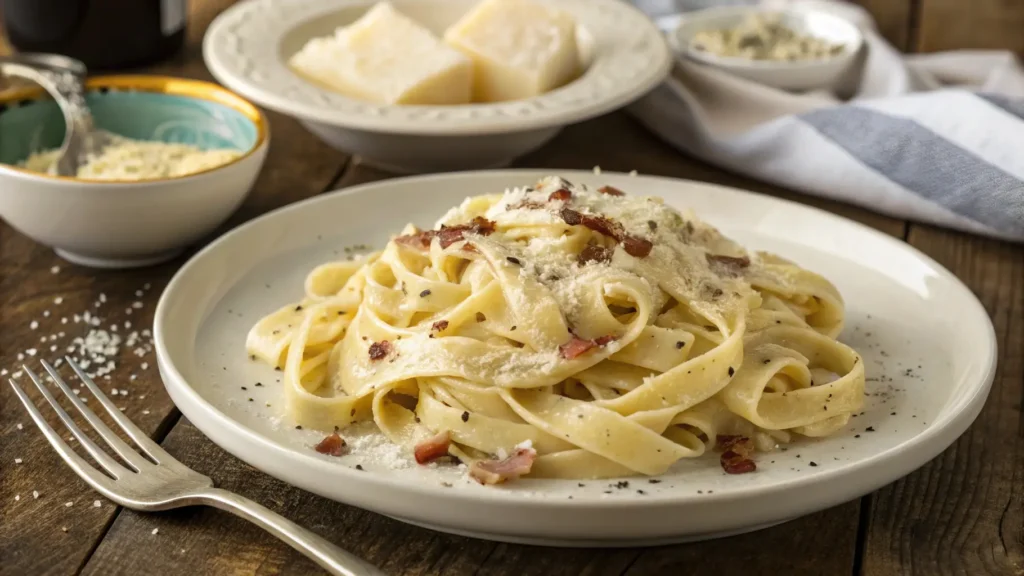 Classic fettuccine carbonara dish